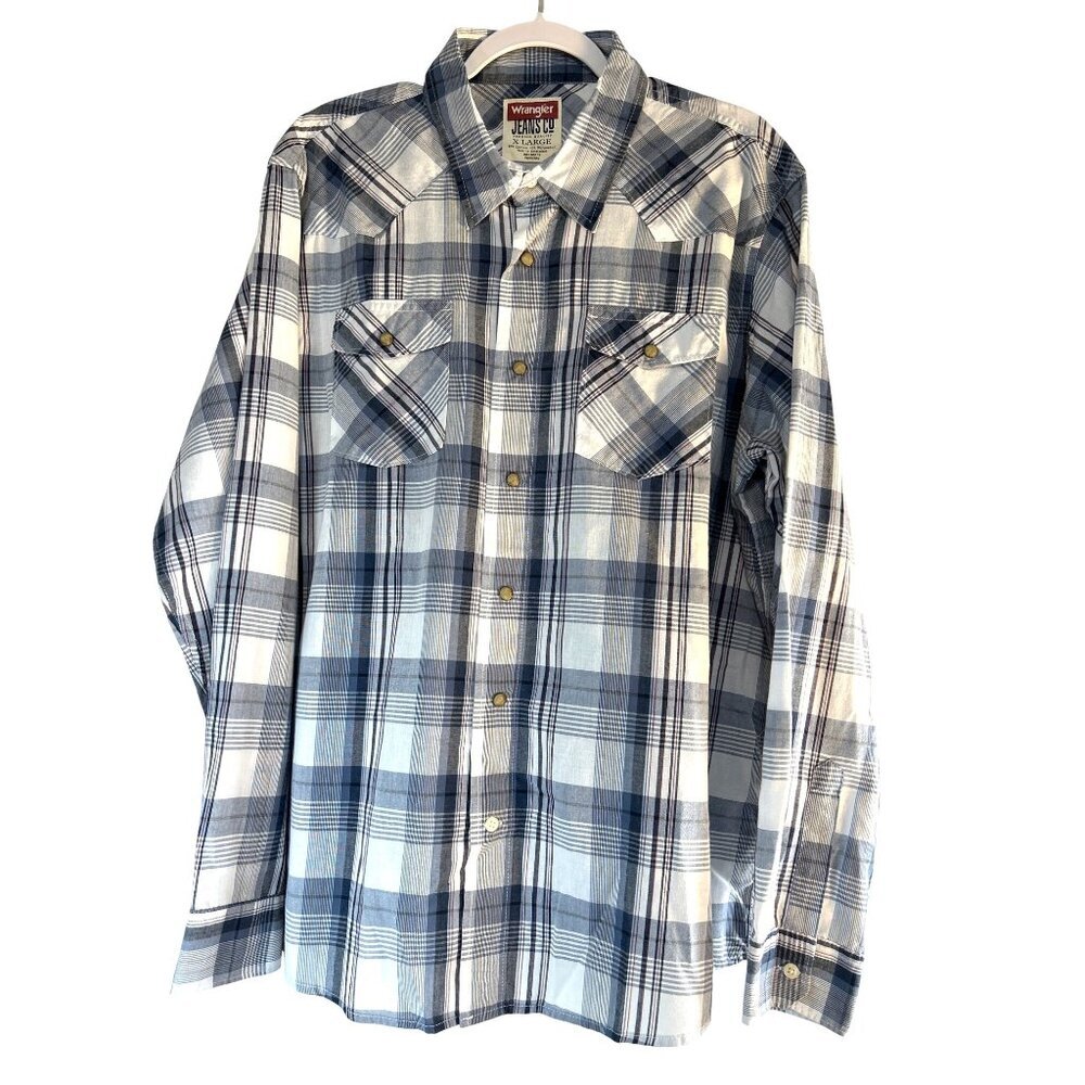 Wrangler Jeans Co Mens Western Shirt Blue Plaid Snap Double Chest Pockets Long S